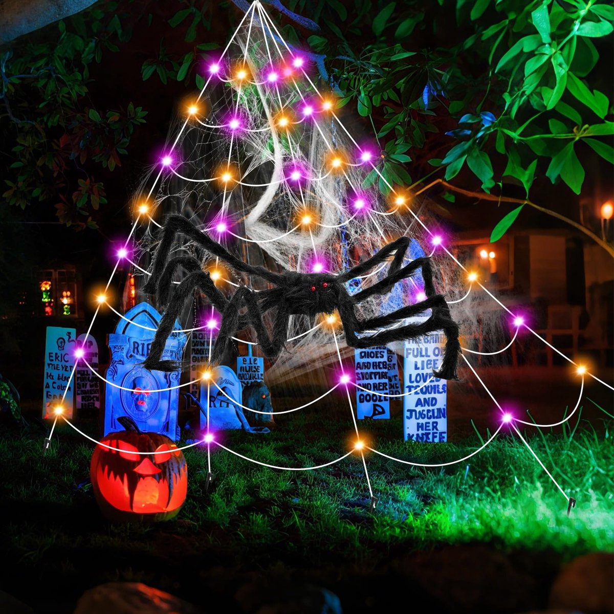 Dailygoods- Spinnenweb XL - Lichtgevende Halloween Decoratie - Spinnenweb met Spin - Opvallende Indoor/Outdoor Decoratie - 5m x 4,8m - Angstaanjagende Functie - Halloweendecoratie