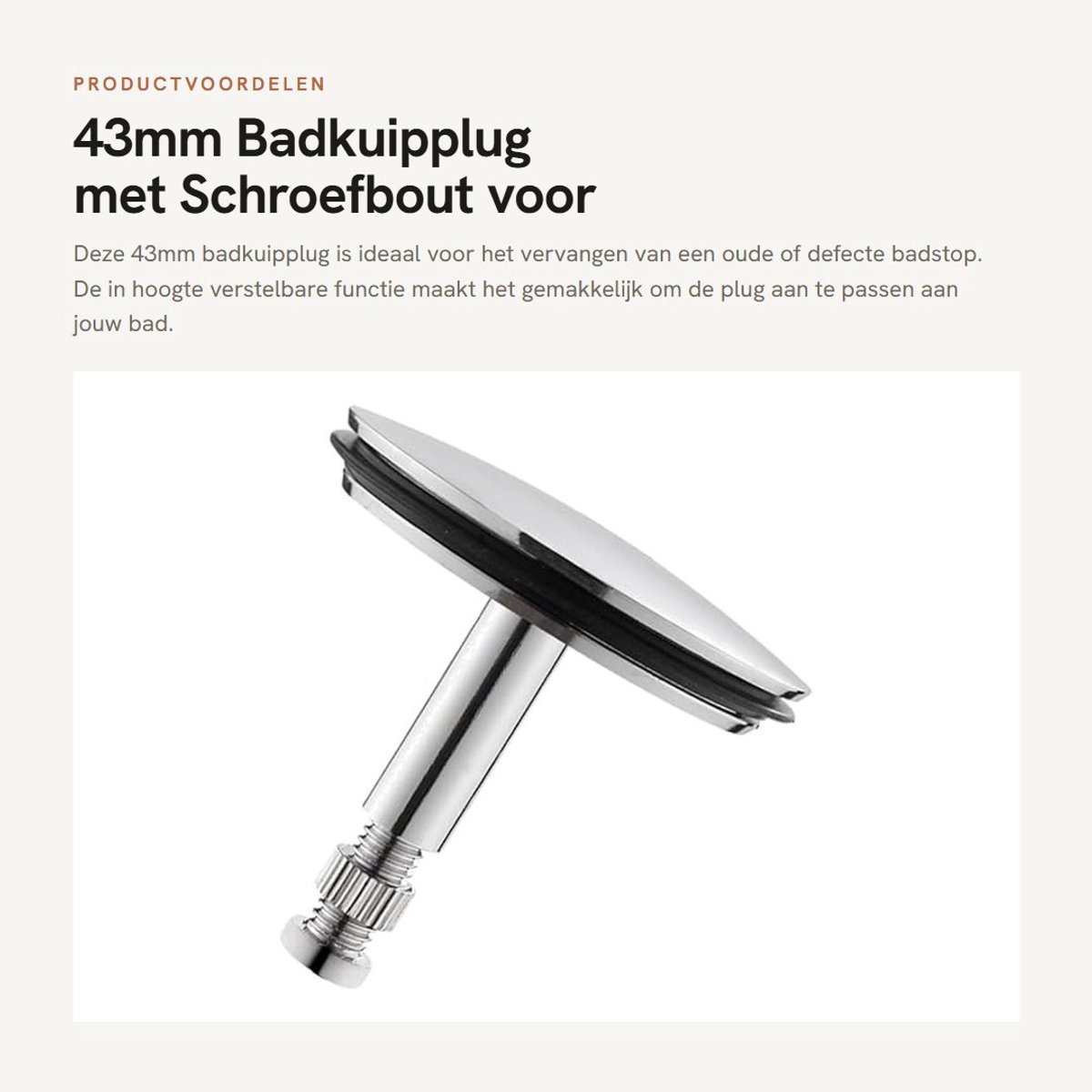 Dailygoods- Badkuipplug 43mm - In hoogte verstelbare badstop - Badafvoerstop fitting - Verchroomd koper - Rubber afdichtring - Schroefbout bevestiging - Badafvoerplug