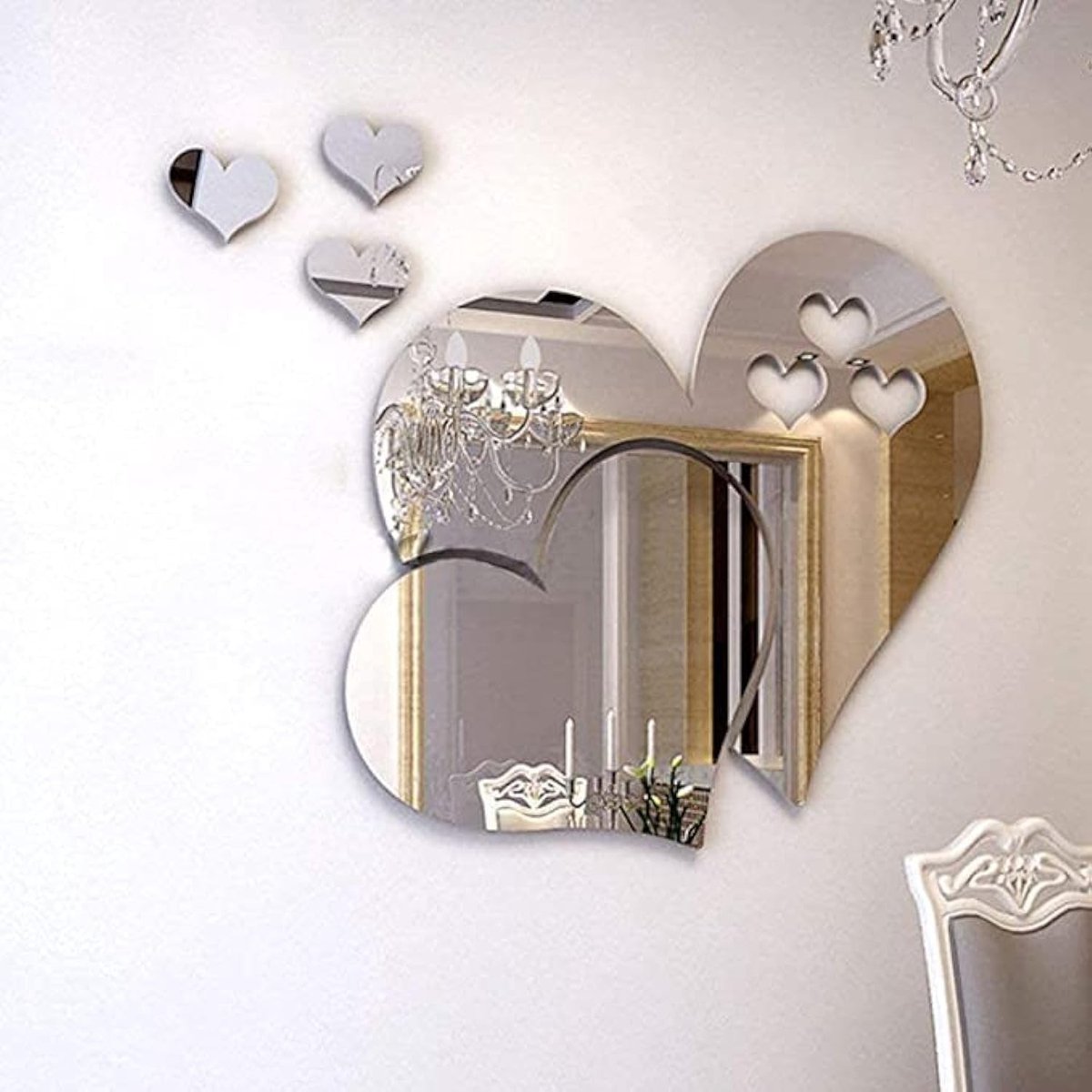 Dailygoods- Spiegel Muursticker 3D Hartvorm - Wanddecoratie Zilver - Acryl Decoratie - Set van 10 Stuks - Geschikt voor Glad/Vlak Oppervlak - Voor Binnenmuren en Ramen