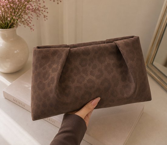 Lemon Glow Leopard Clutch - Bruin - Faux Suede - Hand tas - Avondtas - 25 x 15 cm
