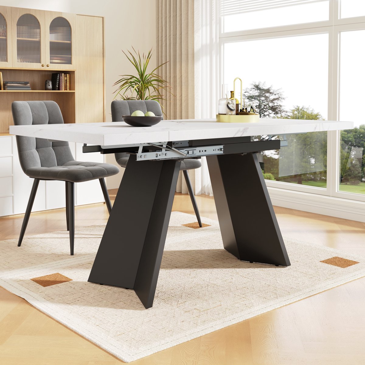 DESMIU Eettafel - Uitschuifbaar Ontwerp Met Brede Werkplek - Voor Eten, Werken En Studeren - MDF En Metaal - Wit Zwart - 99 Tot 159 X 74 X 77 Cm