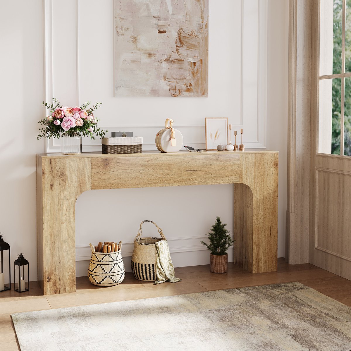 Slank landelijk wandtafel voor de woonkamer – smalle houten entreetafel met rustiek eikenaccent, ruimtebesparend gangmeubel, geschikt achter de bank of in de hal, 160 cm