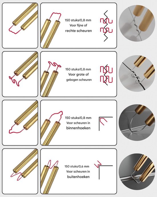 Diagrammen tonen vier soorten gouden nietjes voor kunststof lassen: recht, gebogen, voor binnenhoeken en buitenhoeken.