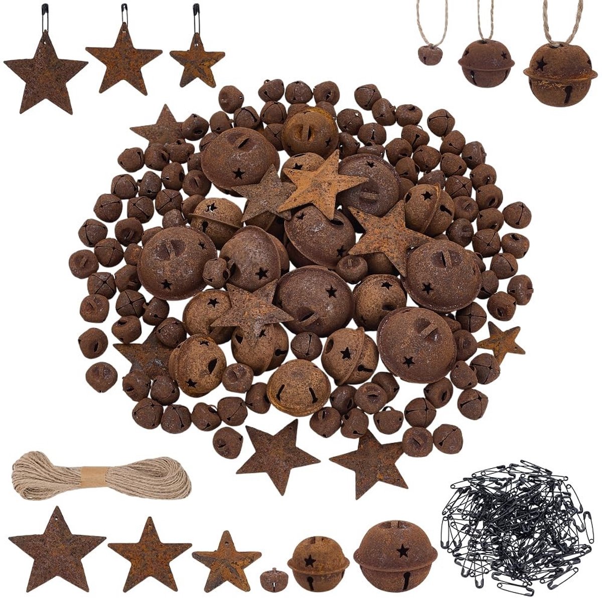 Dailygoods- Kerstbel Set 140 Stuks - Roestige Klokken - Sterren - Veiligheidsspelden - Jute Koord 20m - Decoratieve Vakantiedecoratie - Kerstdecoratie