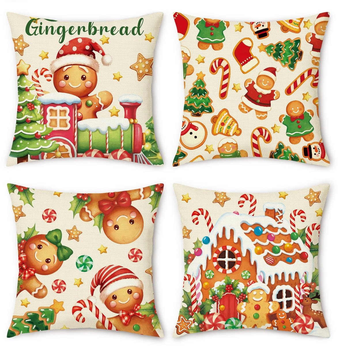 Dailygoods- Kussenslopen Set van 4 - Kerst Decoratie - Peperkoek Mannetjes - Sneeuwpoppen - Gemaakt van Linnen-Polyester - Verborgen Ritsontwerp - Kussenhoezen