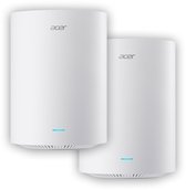 Twee witte Acer mesh WiFi-units met blauwe led-indicatoren aan de onderkant.