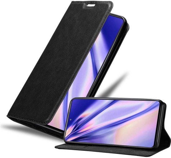 Étui portefeuille noir pour Samsung Galaxy S20 FE, ouvert avec le téléphone à l'intérieur.