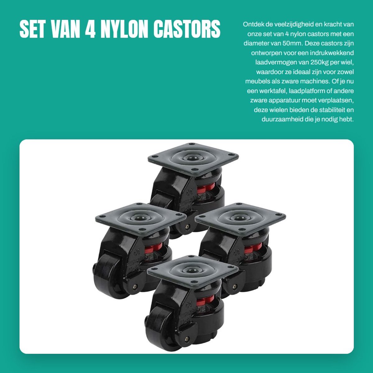 Dailygoods- Zwenkwielen Set van 4 - 50mm - 250kg Laadcapaciteit - Nylon - Duurzaam - Geschikt voor Meubels en Machines - Rolwielen