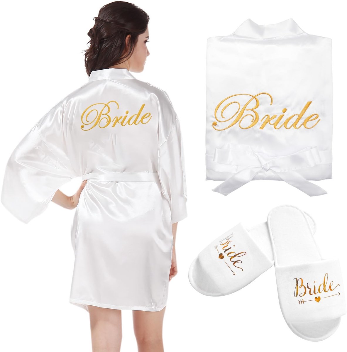 Dailygoods- Bruidsochtendjas met Pantoffels - Badjas van Satijn/Fluweel - Nachtkleding voor Bruiloft - Vrijgezellenfeest - Gemakkelijk te Wassen - Geschikt voor de meeste Vrouwen