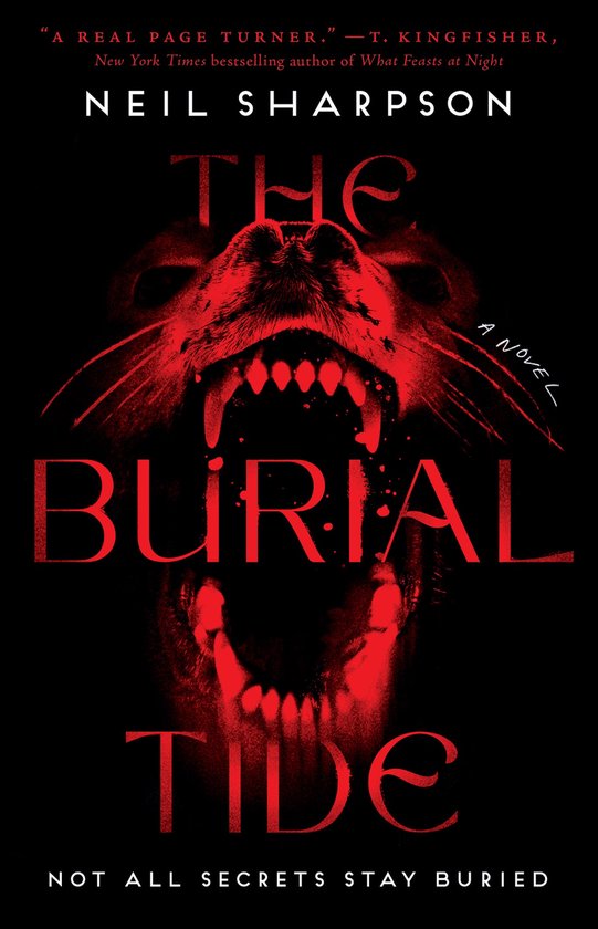 Boekomslag met een opengesperde rode hondenkop, tanden zichtbaar, met de titel 'The Burial Tide'.
