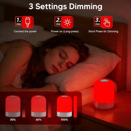 670nm Rood Slaaplampje voor Beter Slapen, Blauwlicht Filterend, Dimbaar Rood Licht Lamp voor Ontspanning, Stressverlichting, Mediteren, Yoga en Reizen — afbeelding 4