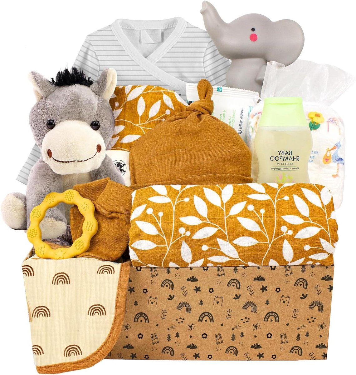Newborn Cadeau Mand - Baby Welkomstset - Geboorte Vieren - Compleet Inclusief Kleding - 35 cm Breed - Grijs