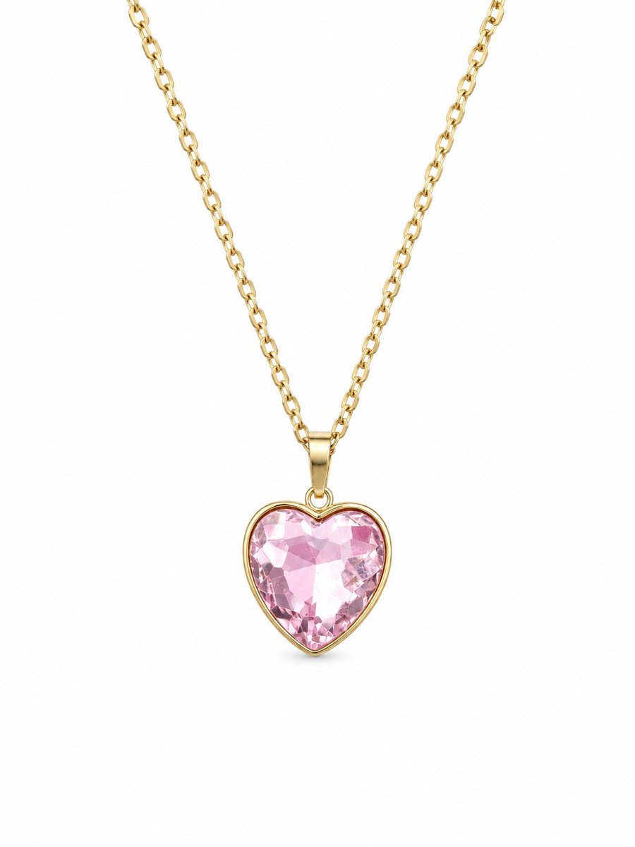 Ketting Meisje- Meisjesketting Roze Hart- Ketting Hartje Roze- Goudkleurig- Kind- LiLaLove- Cadeau Meisje- Ketting Strass Hartje