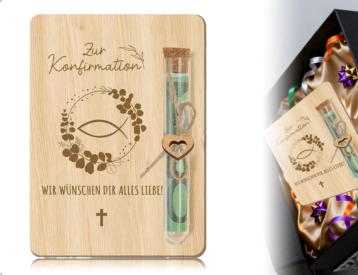Houten contant geldvorm voor het vormsel met reageerbuisjes, unieke en grappige geldverpakking voor jongens en meisjes, perfect als cadeau voor een speciale gelegenheid