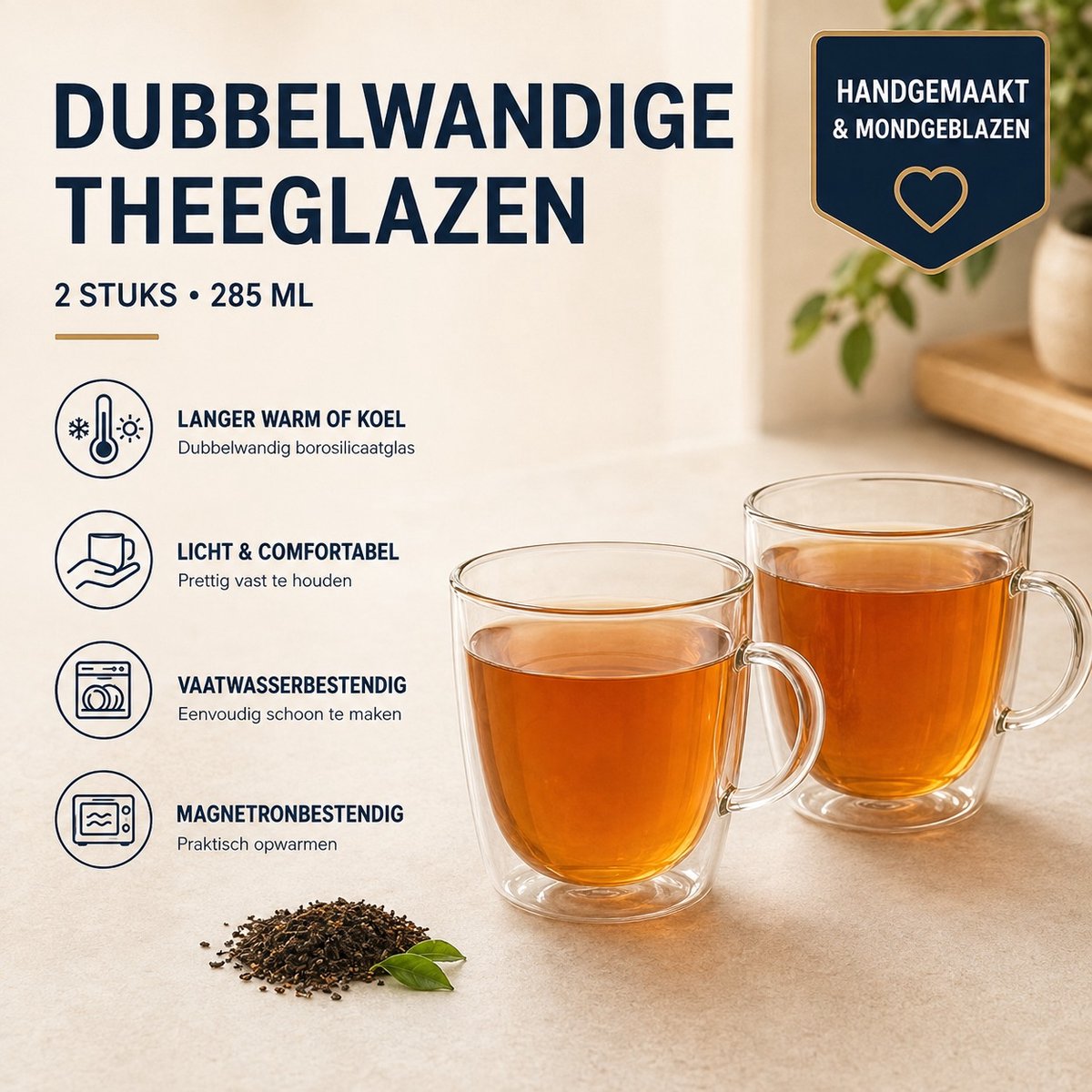 Dubbelwandige Theeglazen 2 Stuks - Luxe Theekopjes met Oor Set - Warm- en Koudhoudend - Thermoglazen met Handvat 285 ml - Lichtgewicht Borosilicaatglas - Dubbelwandige Thermische Glazen - voor Thee, Koffie & Cappuccino - Tea Glass Set - SilverCrest — cadeau in Koken & Dineren - foto 3