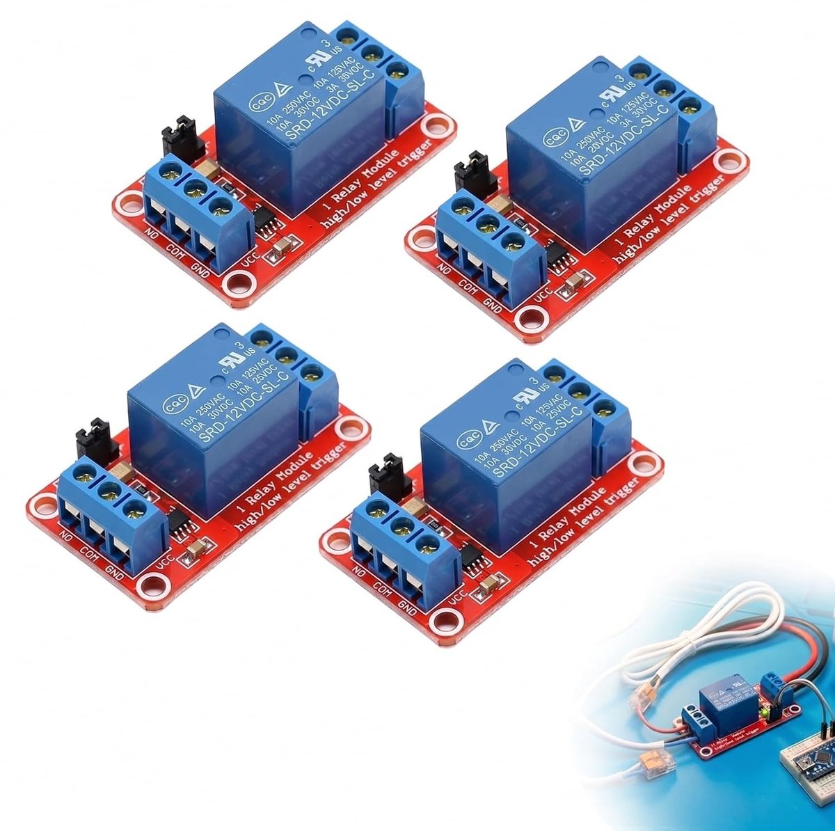 4 Stuks 12V Relaismodule met Geoptimaliseerde Warmtebestendigheid, 1-Kanaals Optocoupler Isolatie, Schakelbare Hoog-Laag Niveau Trigger voor Industriële Besturing en PLC Prototyping
