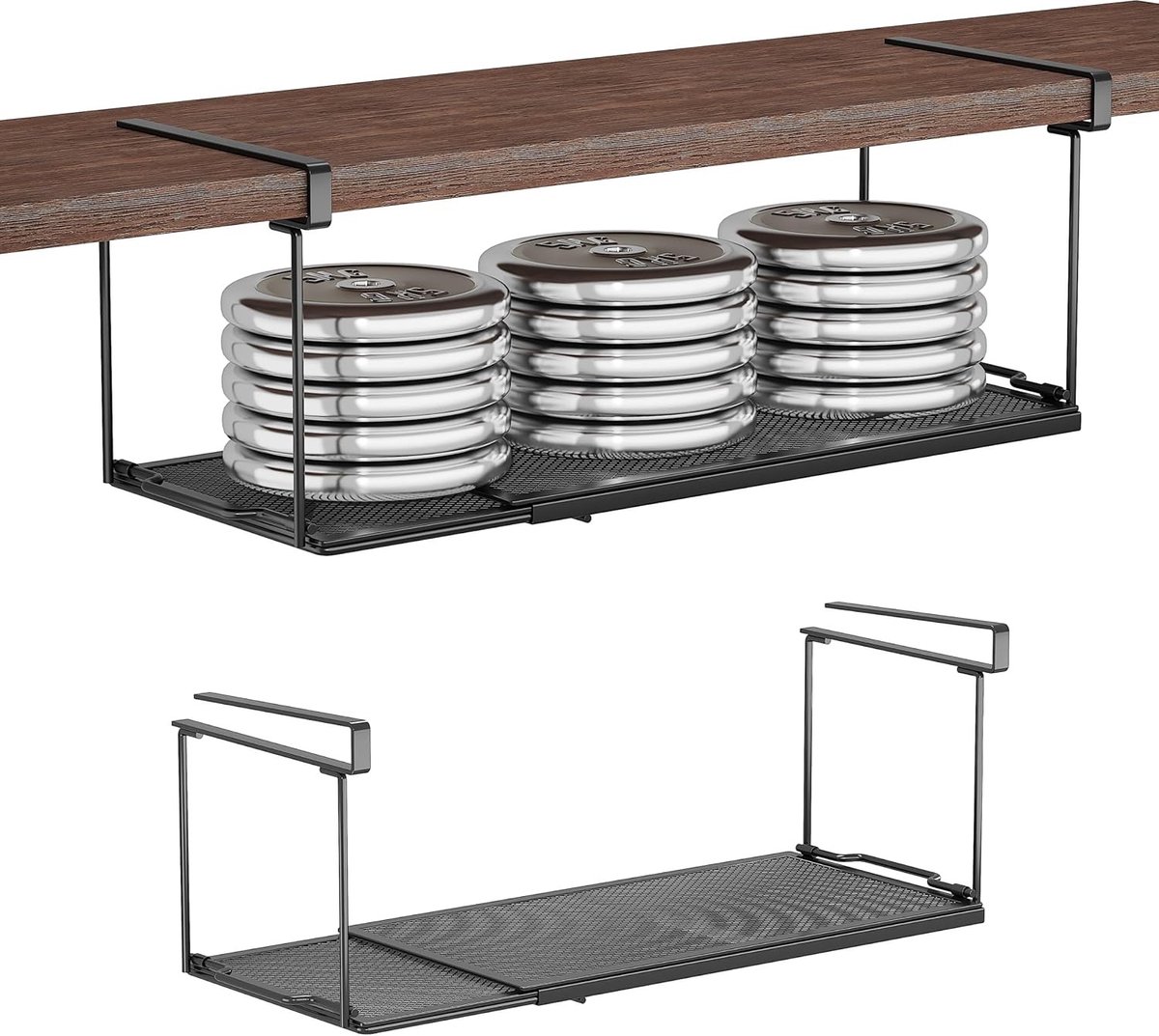 Verstelbare Onderkast Rek met Metalen Mand, Hangend Onder Bureau Plank voor Keuken, Badkamer en Kastenopslag (Zwart, Set van 2)