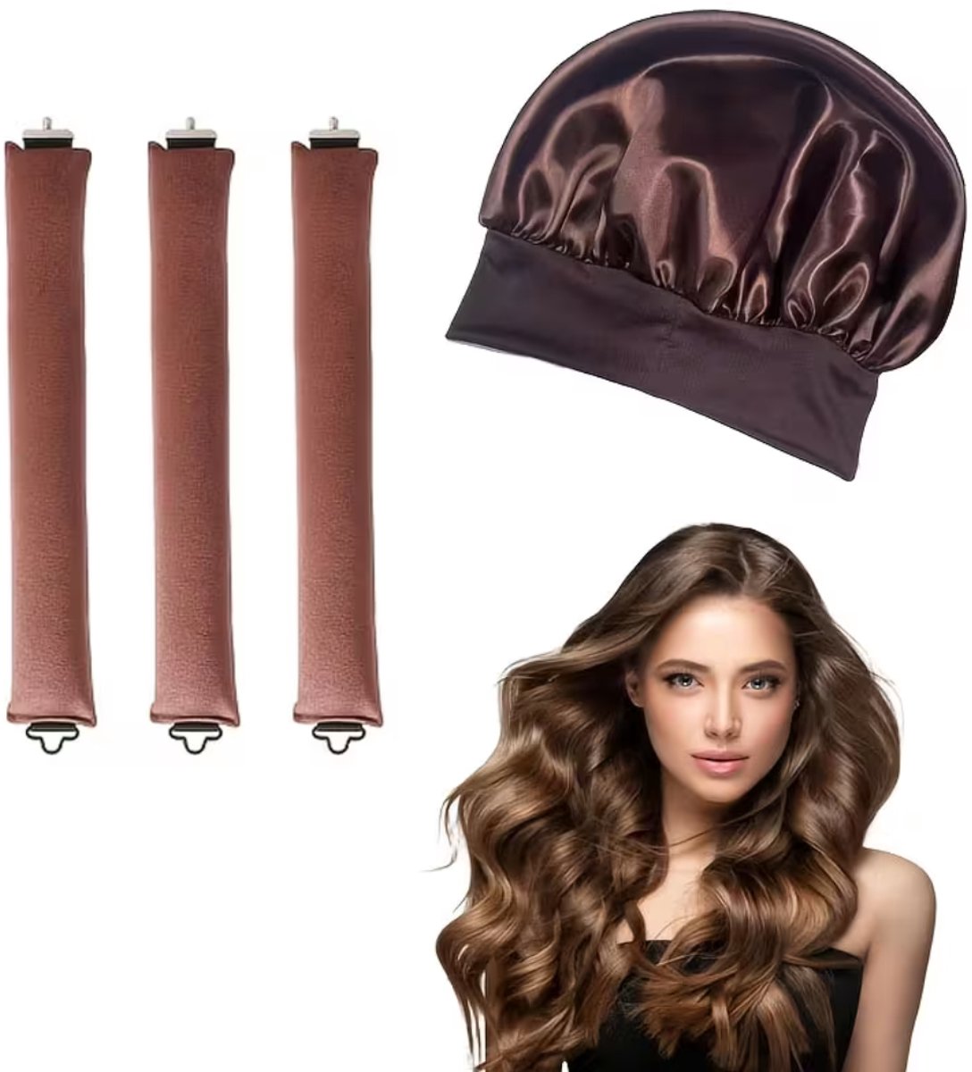Haar Rollers - Heatless Curls - Krulspelden - Incl. Satijnen Slaapmuts - Haarrollers - Haarkruller - Krullen - Zonder Hitte - Bruin