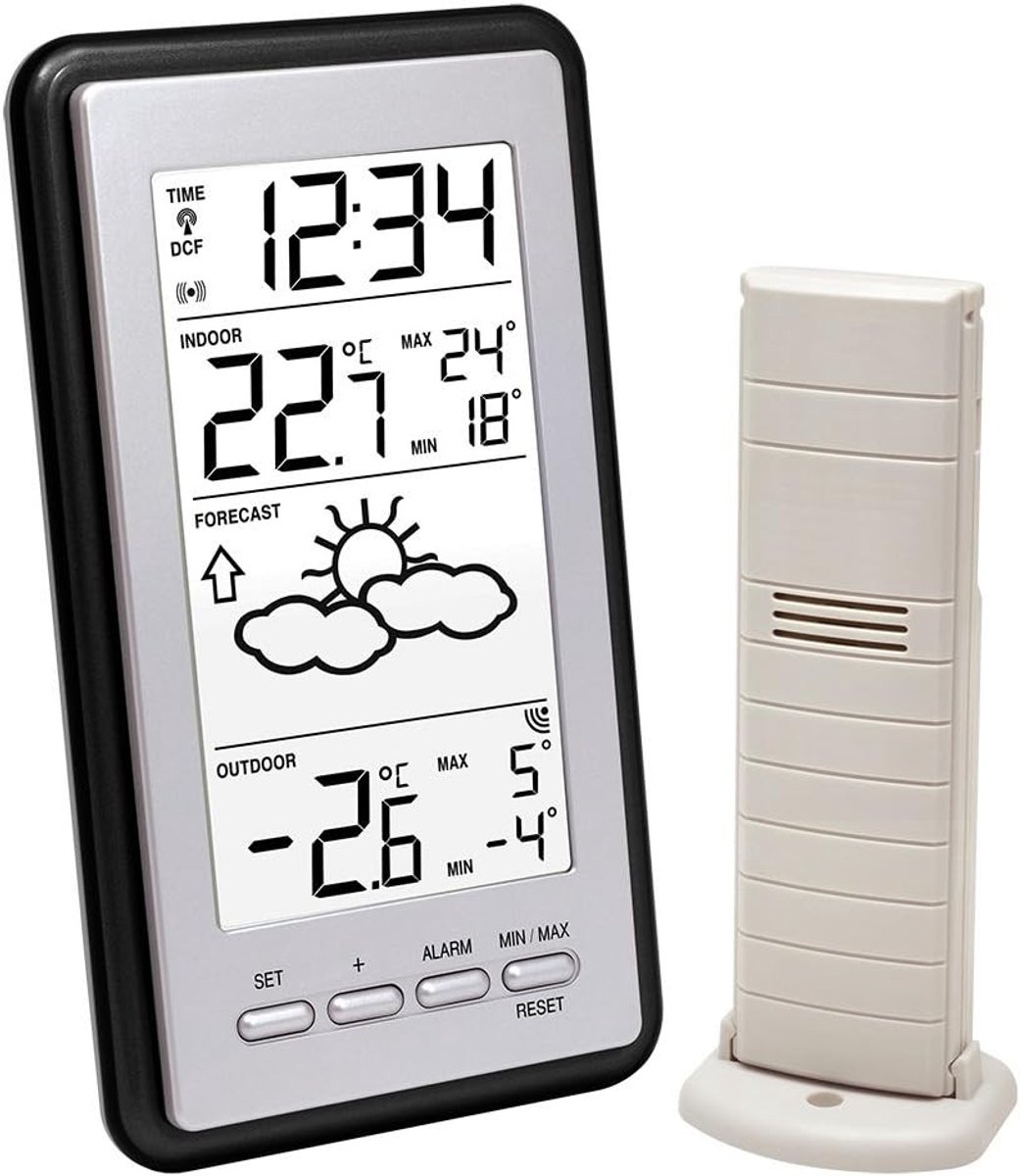 Weerstation - Zwart - 84 x 22,6 x 149 mm - Radiogestuurd met Binnen- en Buitentemperatuur - Voor Thuisgebruik
