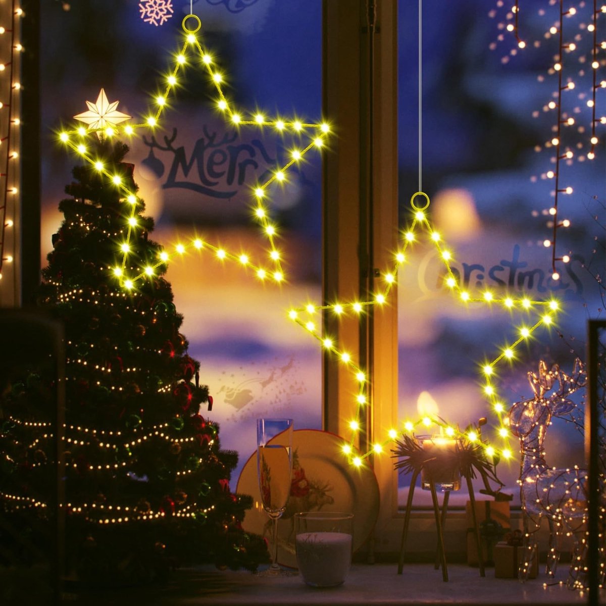 Raamverlichting Ster - Wit - 2 stuks - LED met Timer en Waterdichte Eigenschap - Voor Kerstdecoratie