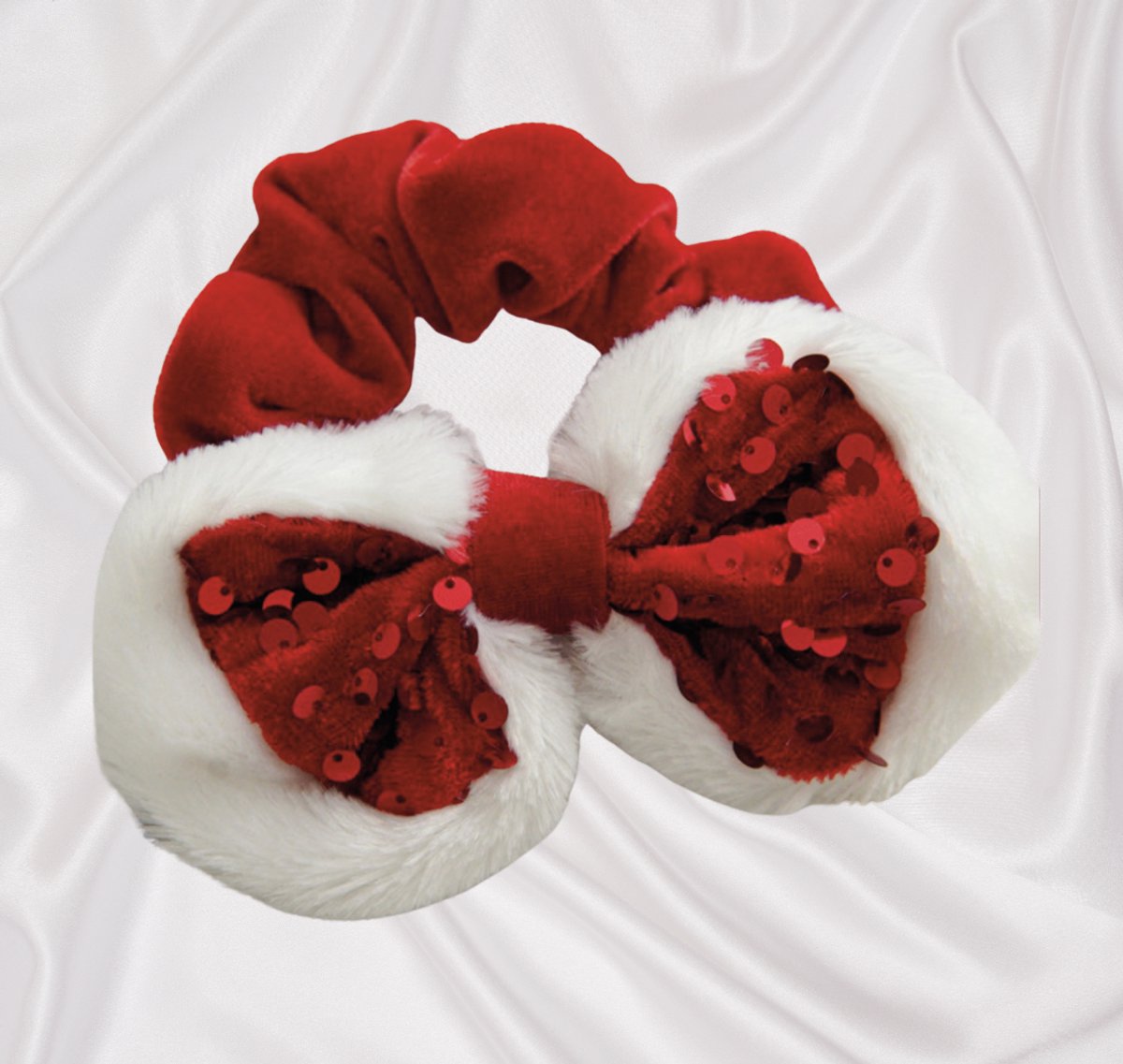 SilverAndCoco® - Rode Kerst Glitter Strik / Scrunchie Strass Steentjes Wokkel Elastiek Haarband Meisje Scrunchies / Brede Haarstrik Haarelastieken Dames / Glitters Elastische Zwarte Haarbanden - Rood Wit