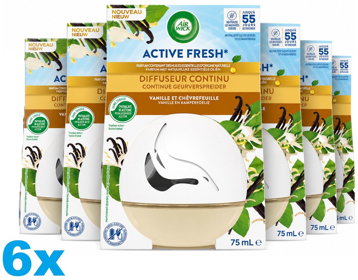 Air Wick Active Fresh Vanille & Kamperfoelie – 6 x 75 ml – Continue Geurverspreider – Tot 55 Dagen Frisheid