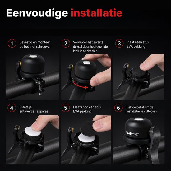 Stapsgewijze installatie van een zwarte fietsbel op een fietsstuur, met tekst "Eenvoudige installatie".