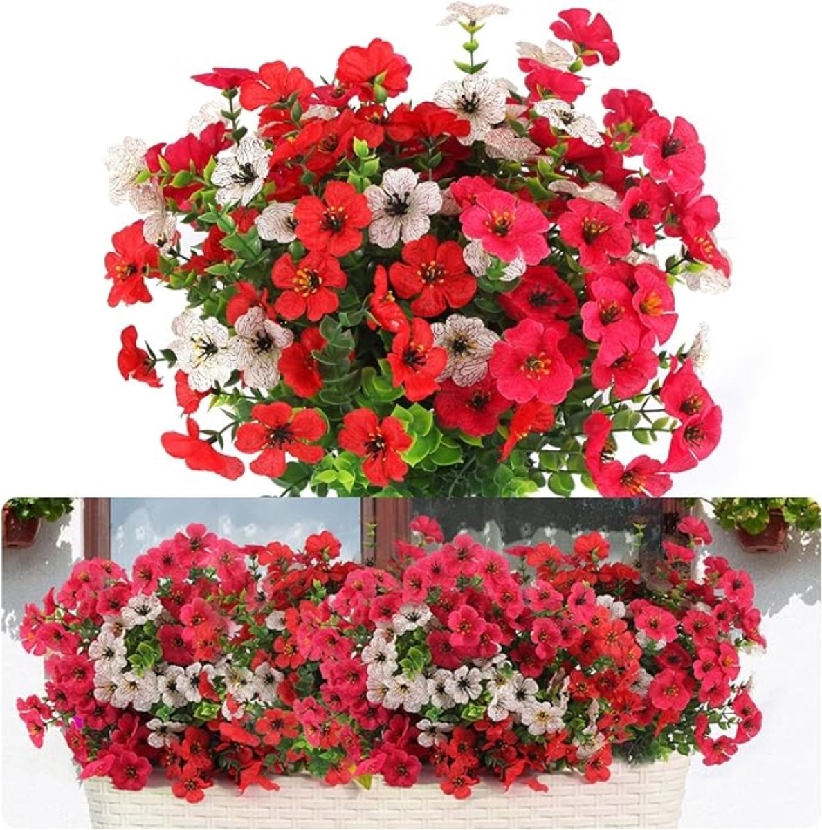 Kunstbloemen voor buiten 36 cm - 7 stuks - Eucalyptus Violette - Plastic bloemen voor bruiloft, feest, binnen- en buitendecoratie - Nepbloemen (Magenta, Rood, Wit)