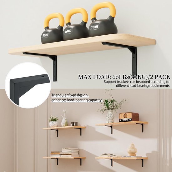 25 cm L-vormige planksteunen, 4-pack muurbeugels van roestvrij staal, zwarte hoeksteunen voor wandmontage, ideaal voor planken en opslag — afbeelding 4