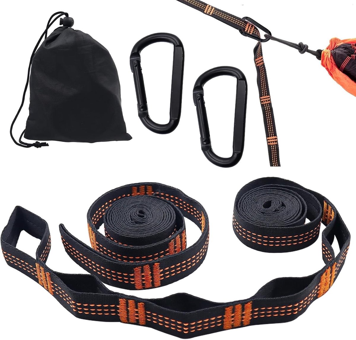 Hammock Ophangset met 2 Stukken - 1.82m x 2.5cm Touw voor 300kg - Ideaal voor Camping, Outdoor en Hiken met Haak Karabijnhaken