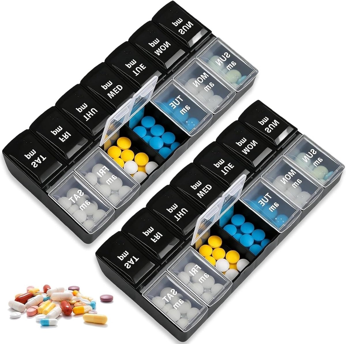 Grote pillendoos voor 7 dagen met 2 onafhankelijke vakken per dag - ideaal voor medicijnen, vitamines en voedingssupplementen, zwart en transparant