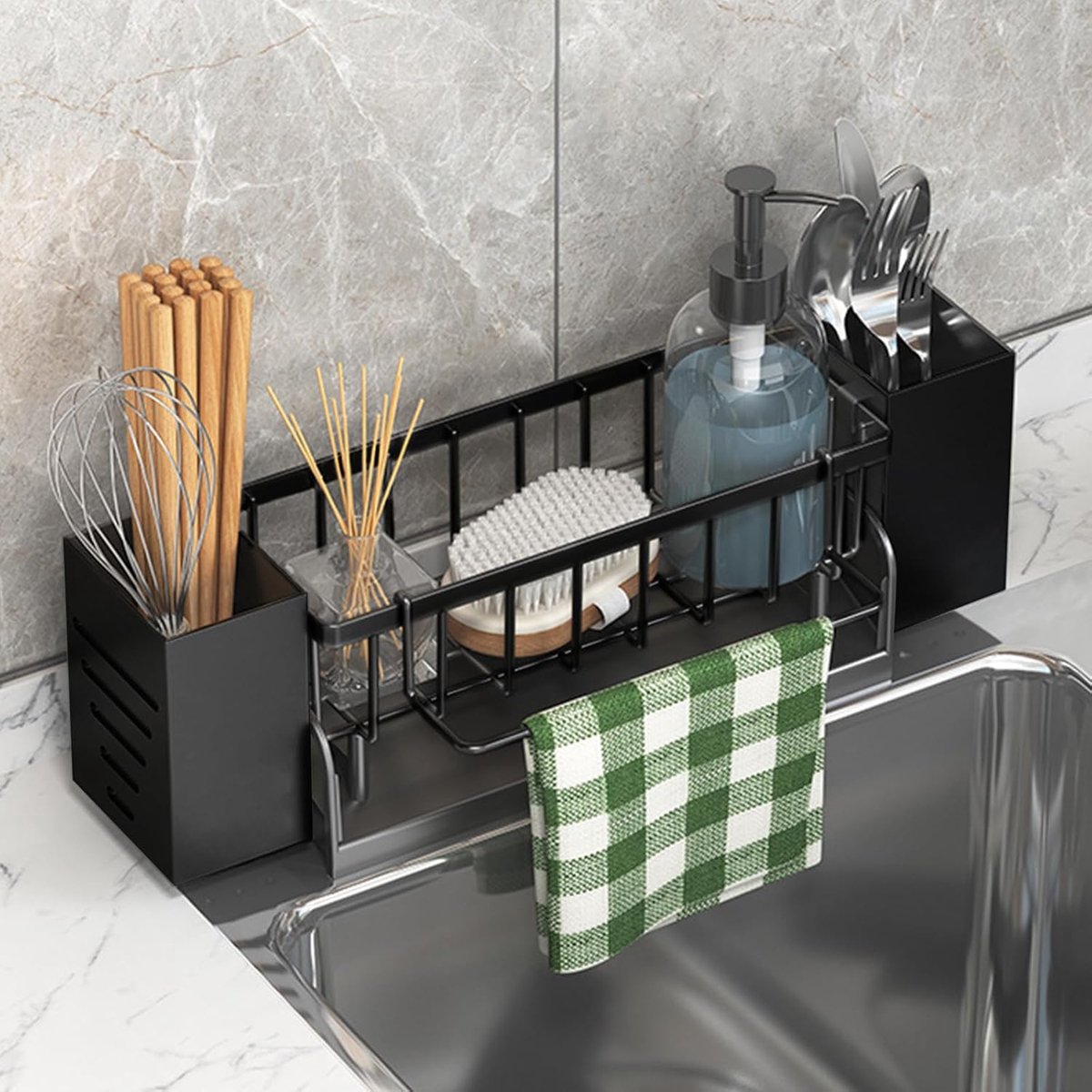 Gootsteen-organizer keuken - zwart - sponshouder met borstelhouder - zelfontledend voor optimale keukenorganisatie - ShopVlot