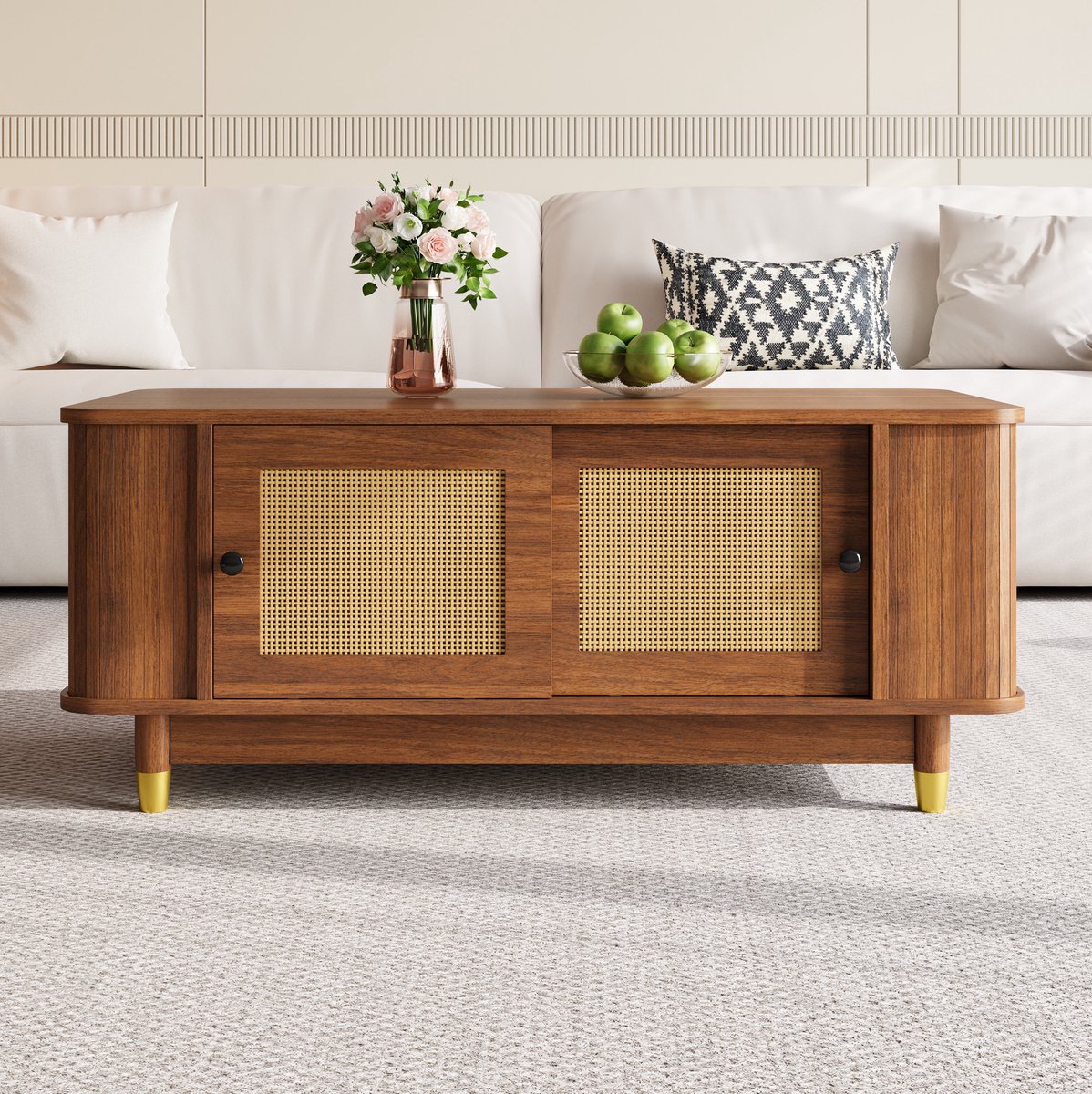 Wishdor Salontafel met rotan schuifdeuren - Opbergruimte en afgeronde hoeken - Modern design voor woonkamer - MDF in houtlook - Walnoot - 100 x 50 x 42 cm
