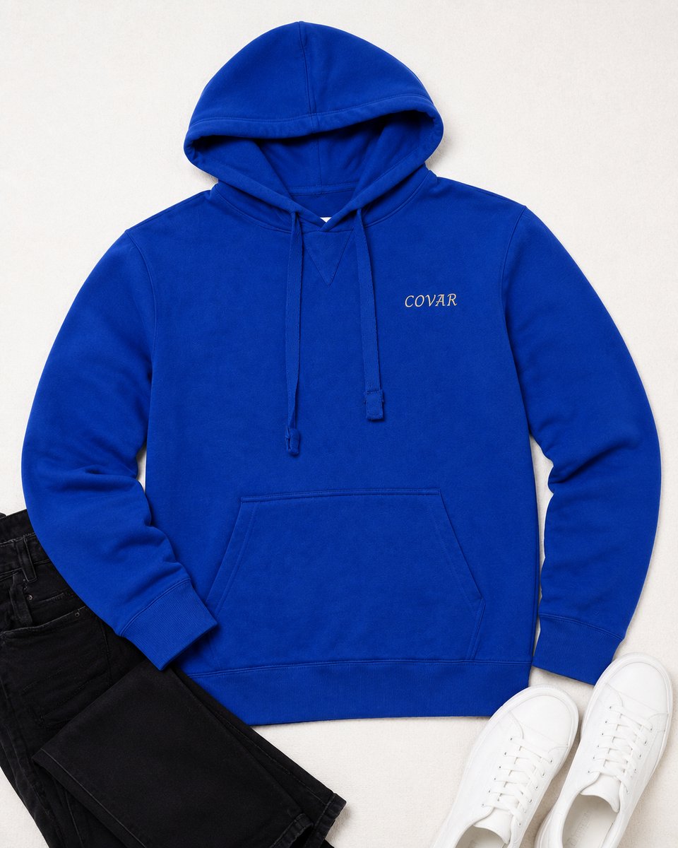 Blauwe Heren Hoodie - Trui met Capuchon - Katoen - COVAR Print - Regular Fit - S