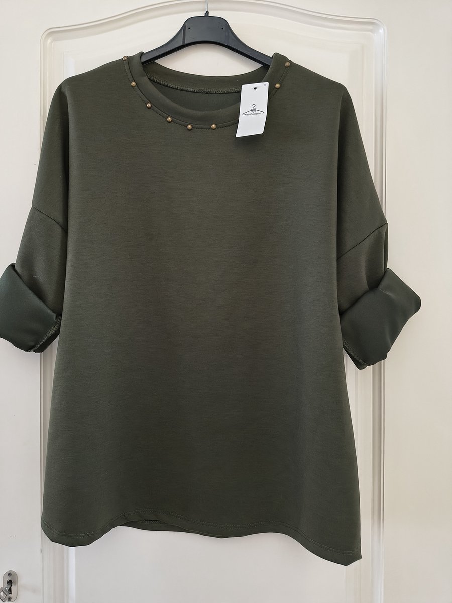 Dames sweatshirt Leni-effen kaki groen-messing studs-Maat M/L