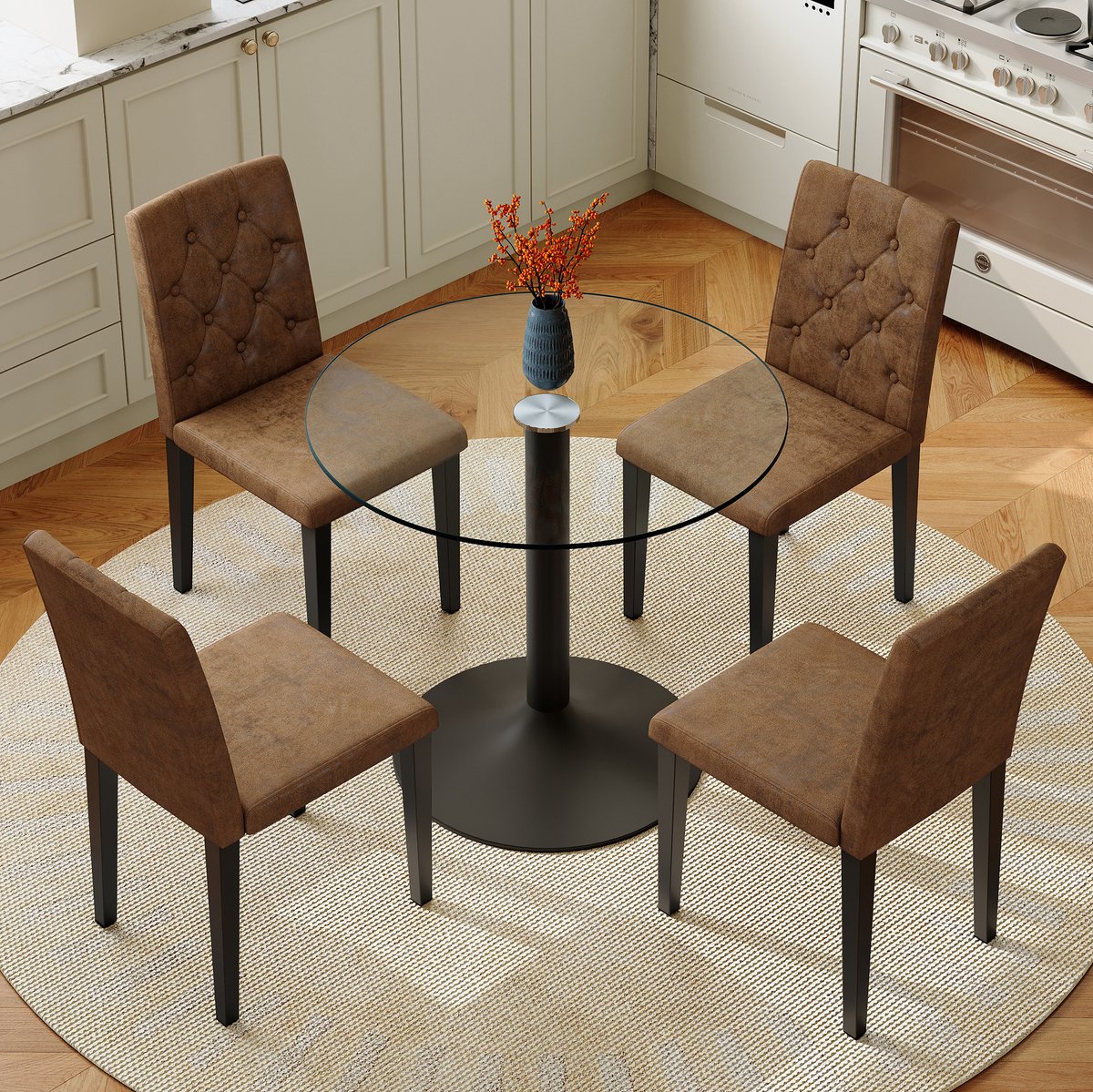Wishdor Ronde eettafelset - Modern minimalistisch - Glas en metaal - 1 tafel en 4 stoelen - Bruin en zwart transparant - 85 cm - Voor eetkamer