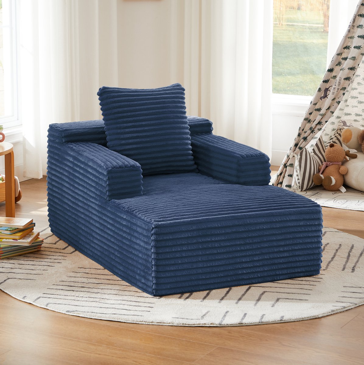 DESMIU Chaise Longue 1-Zits - Zonder Montage - Comfortabele Slaapsofa Voor Woonkamer Bureau En Appartement - Ribstof Blauw