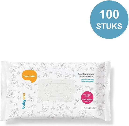 Babyono geparfumeerde luierzakjes, 100 stuks. Met bloemenmotief en de tekst 'TAKE CARE!'