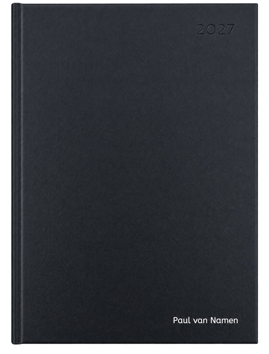 Bureau week agenda A4 2027 met (naam)opdruk - 1 week per 2 pagina's - formaat A4 - Nederlandstalig - hardcover gewatteerd omslag zwart - bedrukt met naam of logo