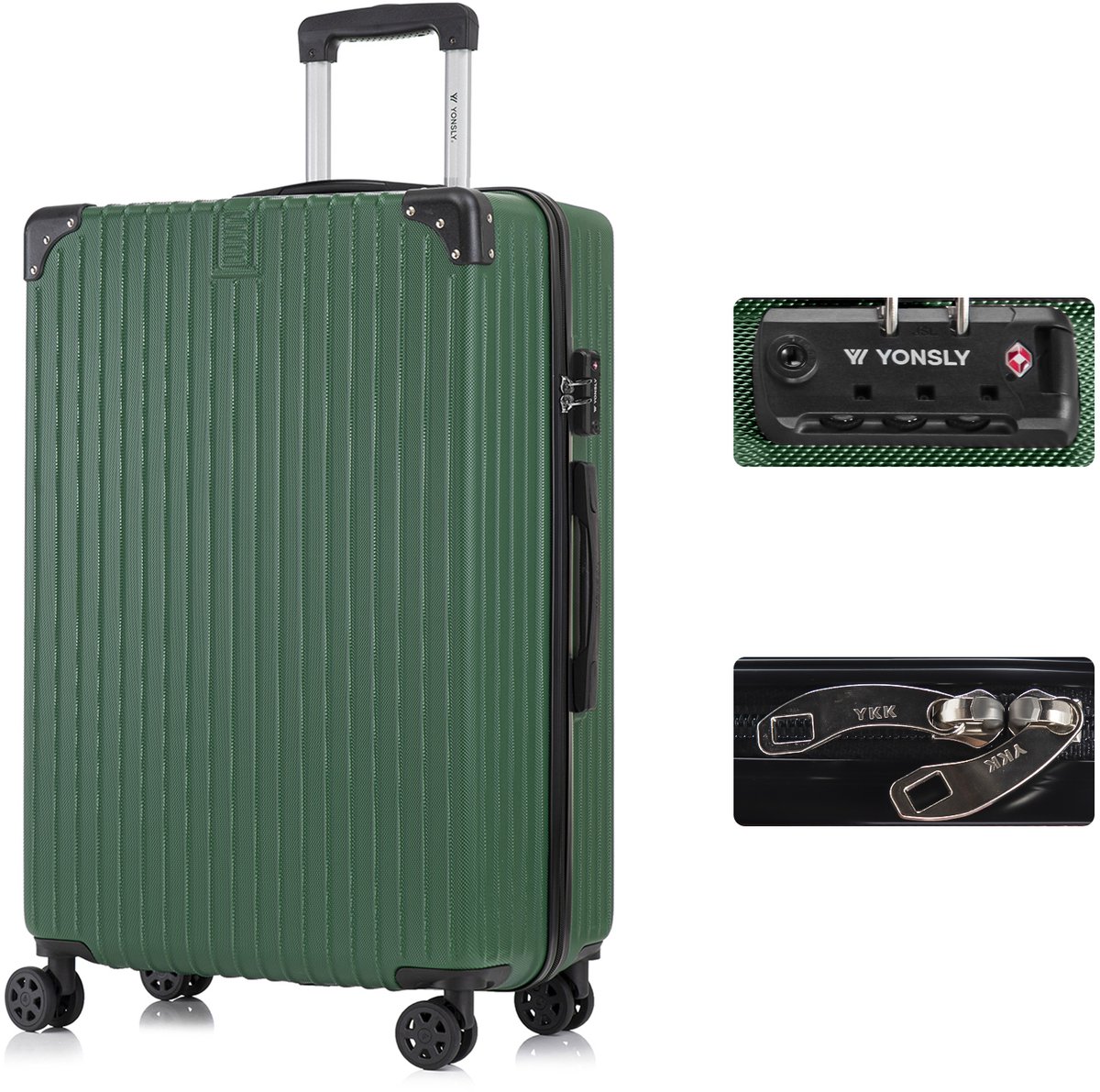YONSLY Handbagage Koffer - 76 x 49 x 29 cm - 98 L - TSA Slot - 360° Draaibare Wielen - Grote Trolley - Donkergroen