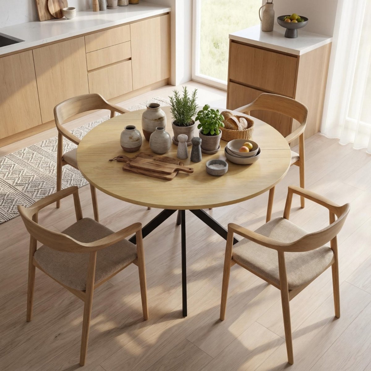 Wishdor Ronde eettafel - Industrieel design - Houten blad - Zwarte x-poten - Voor 4 personen - Eiken kleur - 100 cm - Stevige tafel voor keuken en eetkamer