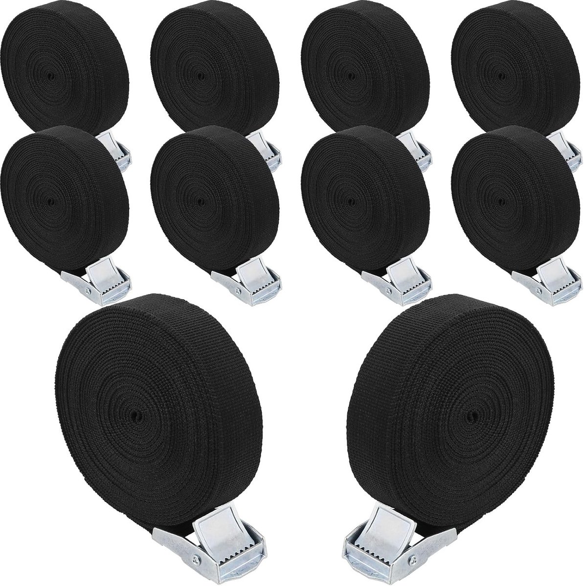 Set van 10 Zwarte Lashing Straps met Gespen, 5m x 25mm, Ideaal voor Bagage, Vracht en Beveiliging