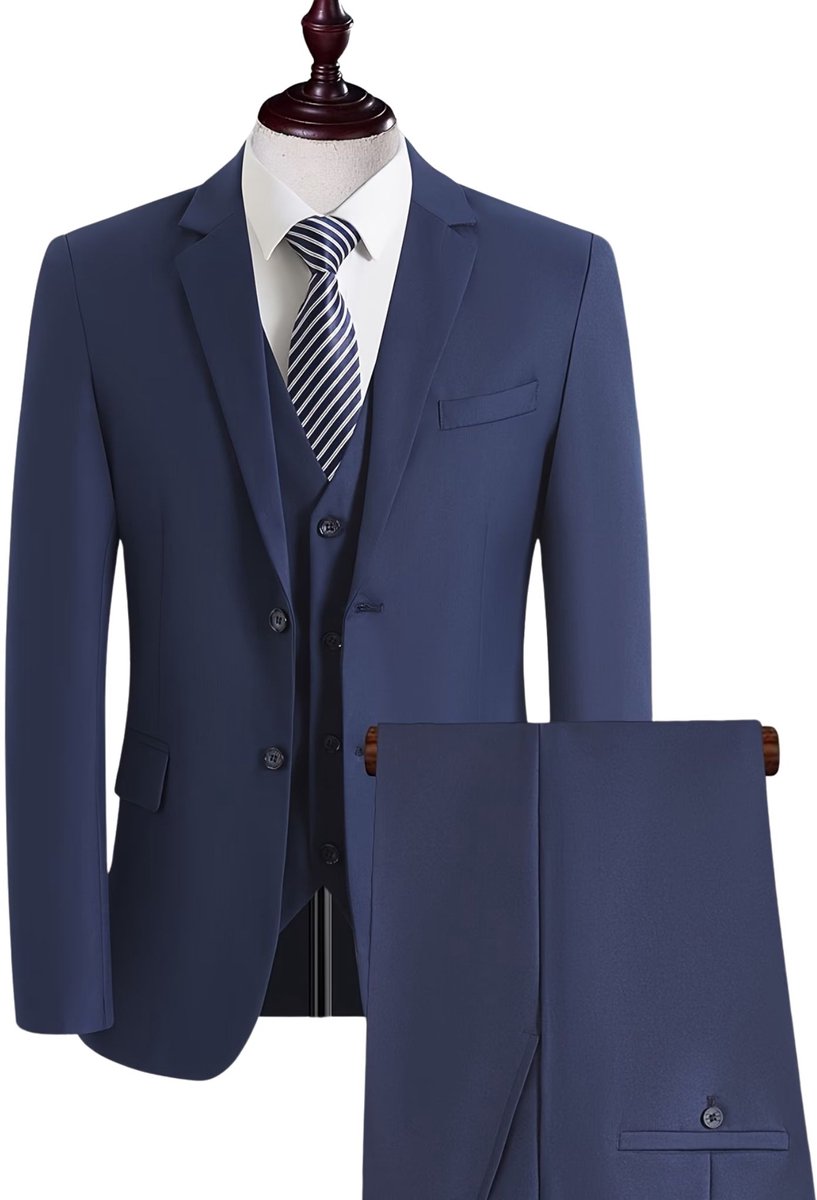 Currero 3 Delig Herenpak Met Overhemd - Suit 2 Delig - Tailored Fit Kostuum - Business Pak - Trouwpak - Smoking - Tuxedo Stijl - Bruiloft, Kantoor & Feest - Diepblauw XS