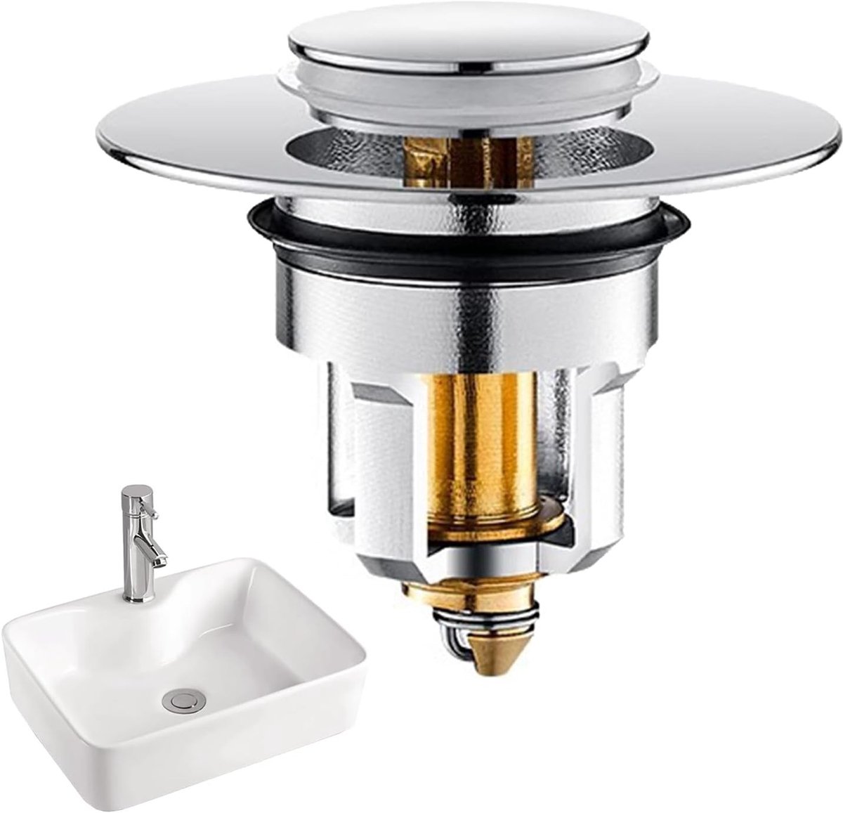Universele Pop-up Wasbak Stopper met Haarfilter, RVS en Messing Kern voor 34-45 mm Afvoeropeningen, Effectieve Anti-Verstopfunctie en Duurzaam Ontwerp