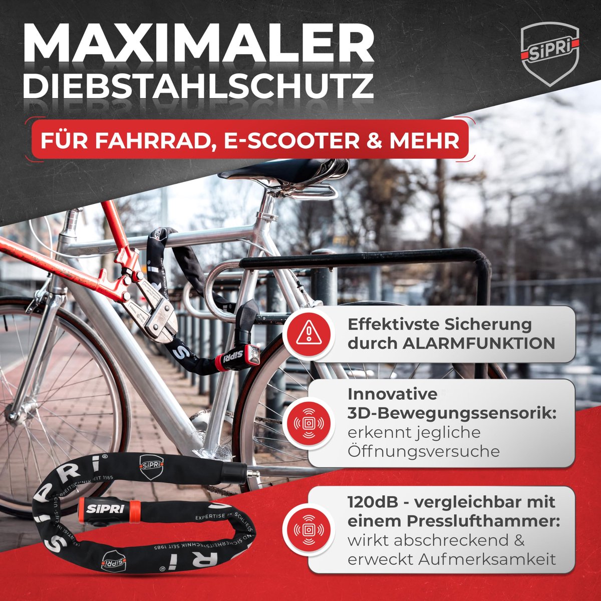 Fietsslot met alarm 120 dB - kettingslot 90 cm - hoge veiligheid - ideaal voor e-bike en scooter - ShopVlot