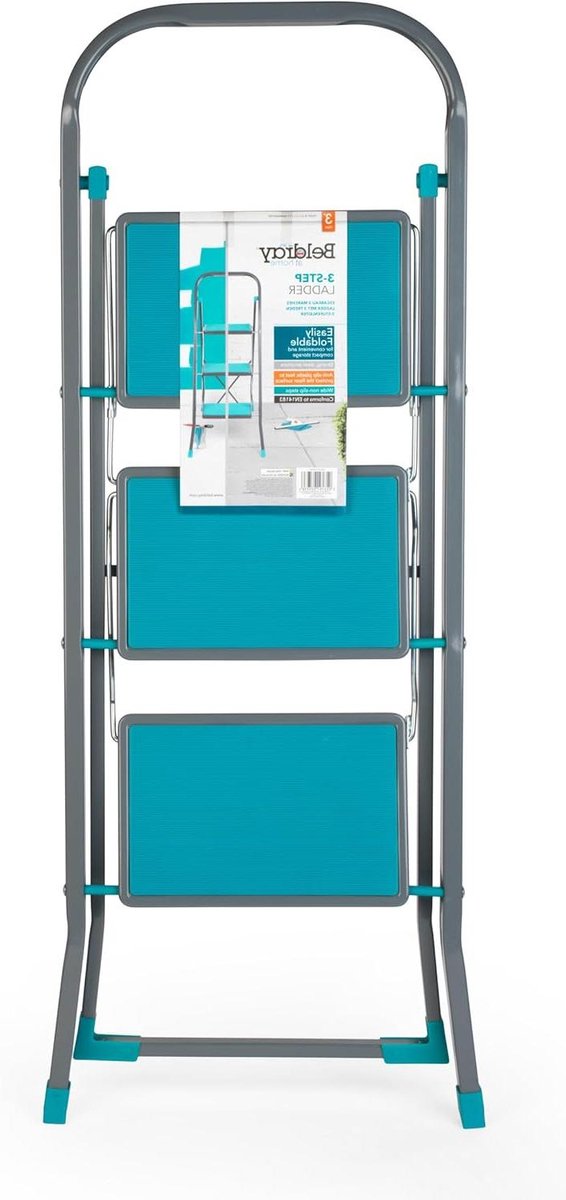 Trapladder met 3 treden - Klusladder opvouwbaar - Klusjes in huis - Antislip treden - Reikhoogte 2.5m - Turkoois