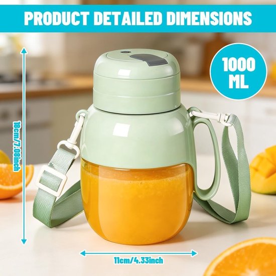Draagbare Blender en Smoothie Maker, 1000ml Capaciteit met Drinkopening en Draagriem, Ideaal voor Sport en Reizen, 12 Messen, 21000 RPM, Oplaadbaar en Handig in Gebruik — afbeelding 5