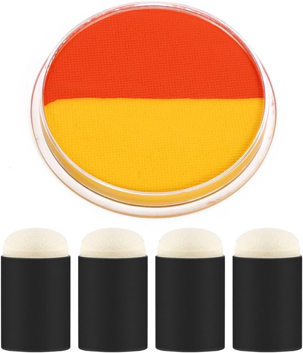 Halloween make-up set met 2 kleuren (rood en geel) en 4 sponsjes, perfect voor kinderen en volwassenen, ideaal voor carnaval en theater make-up, feestelijke creaties en kostuumaccessoires