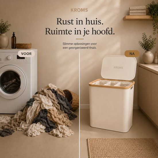 Vergelijking van een rommelige was voor de wasmand en een opgeruimde ruimte met de beige KROMS wasmand met deksel.