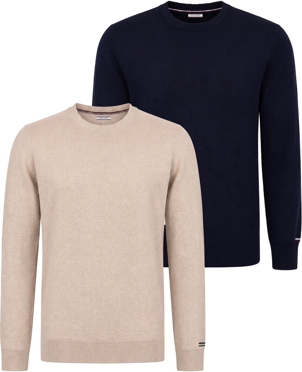 Felix Hardy Set Van 2 Truien Met Ronde Hals - 100% Katoen Heren Beige-Navy - 2Xl